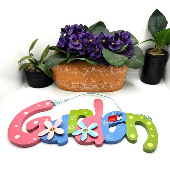 Colorful Wooden Garden Letter Hanging Sign With Flowers & Ladybug Art - Picture 5 of 6